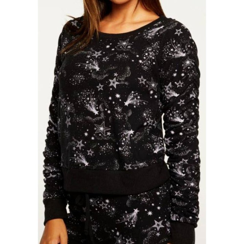 Chaser Bliss Shirred Sleeve Sweatshirt Mystical Star Print Constellation Sweater